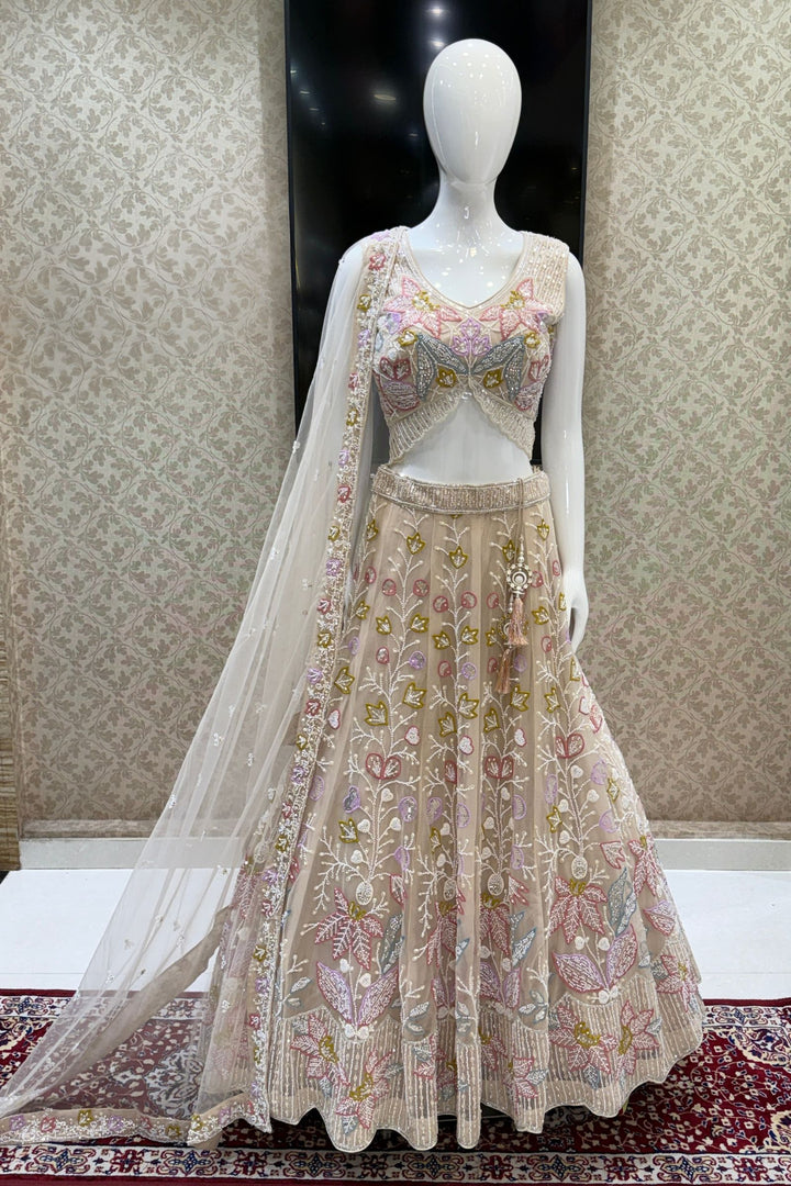 Beige Beads, Stone, Sequins, Pearl and Multicolor Embroidery work Designer Lehenga