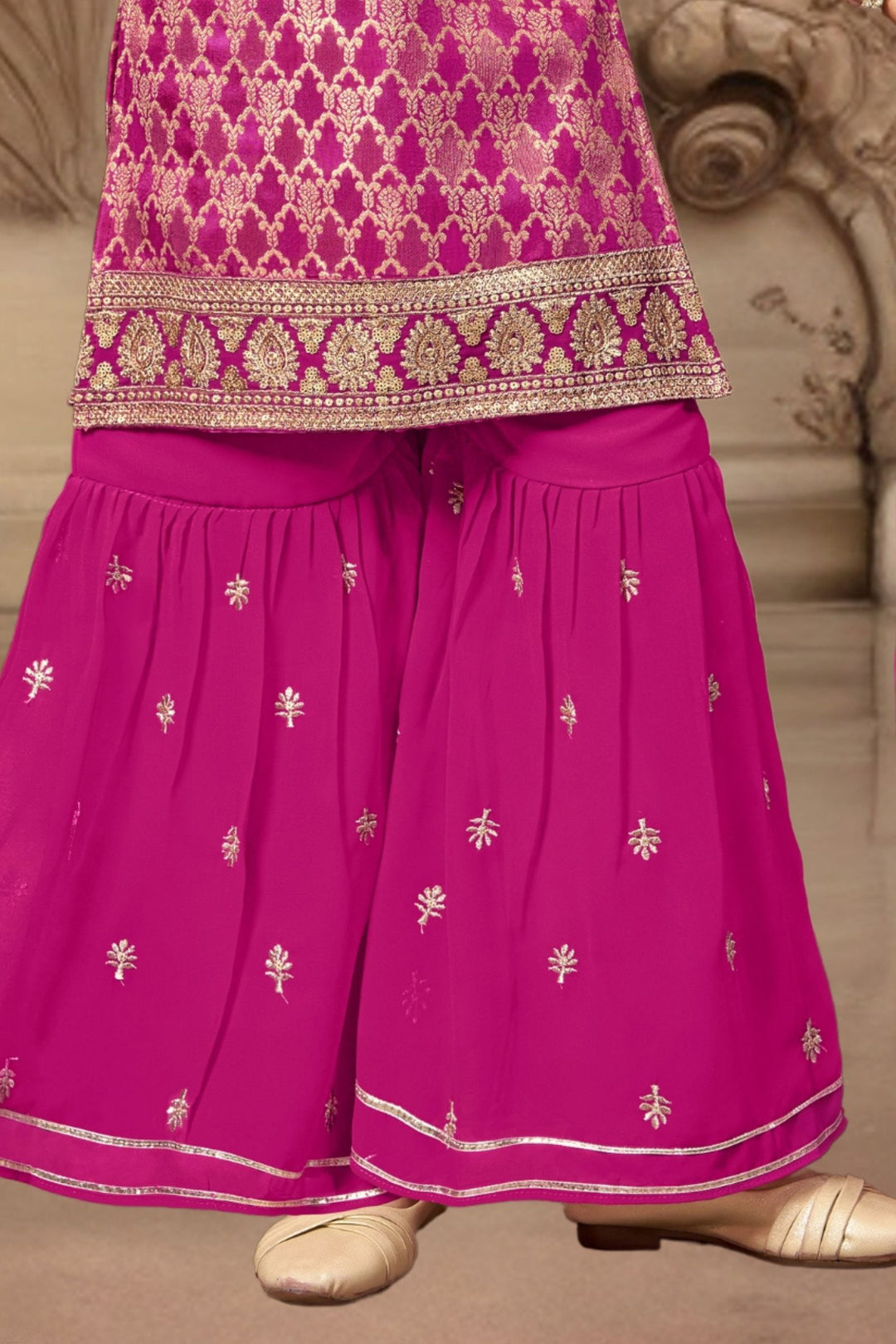 Pink Zari, Sequins, Mirror and Beads work Sharara Suit Set for Girls