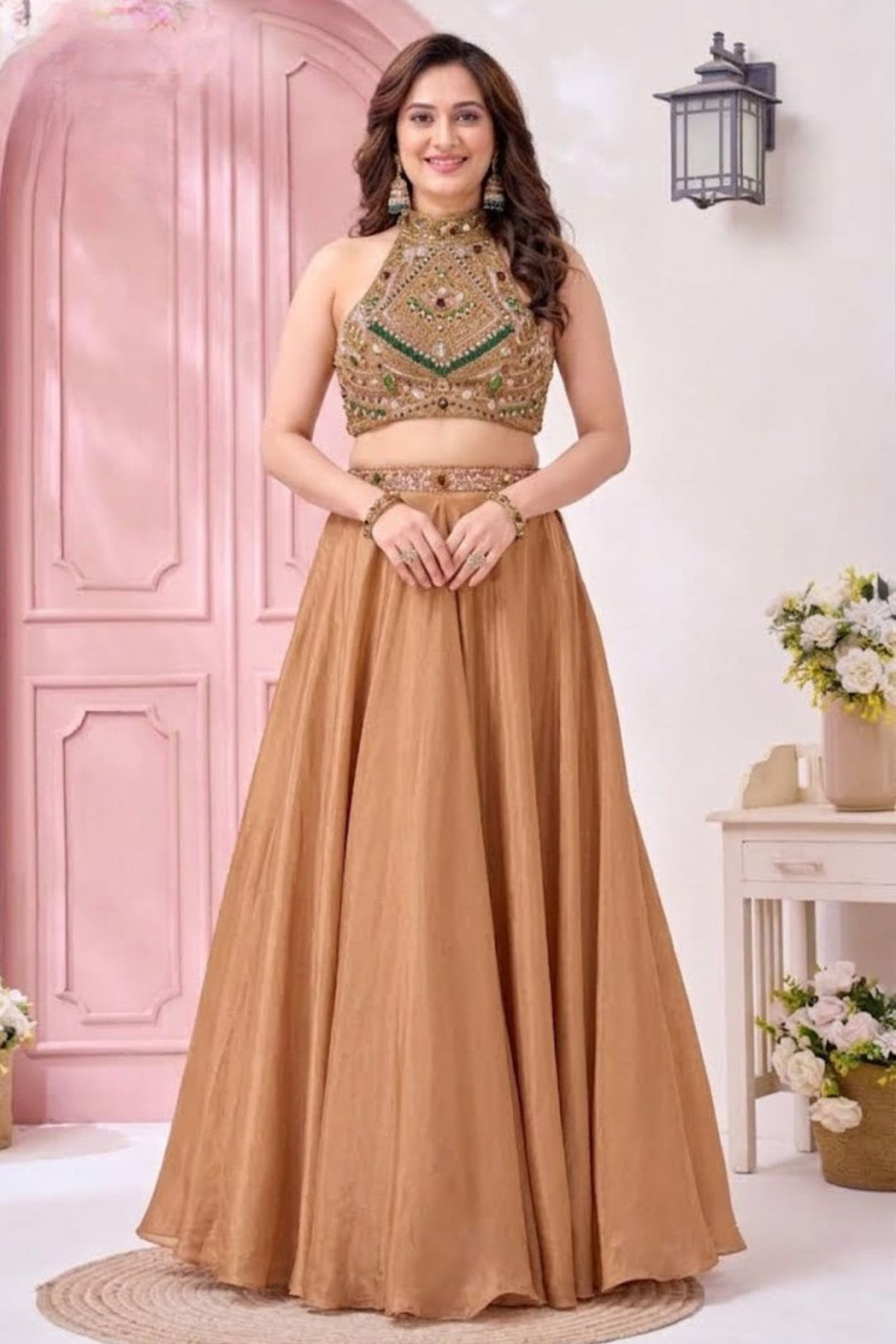 Gold Stone, Beads, Zardozi, Sequins and Pearl work with Halter Neck Lehenga