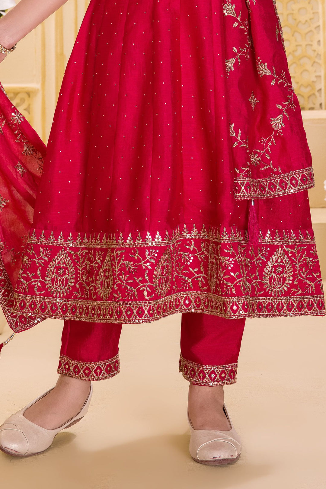 Rani Pink Stone, Zari and Sequins work Anarkali Styled Salwar Set for Girls