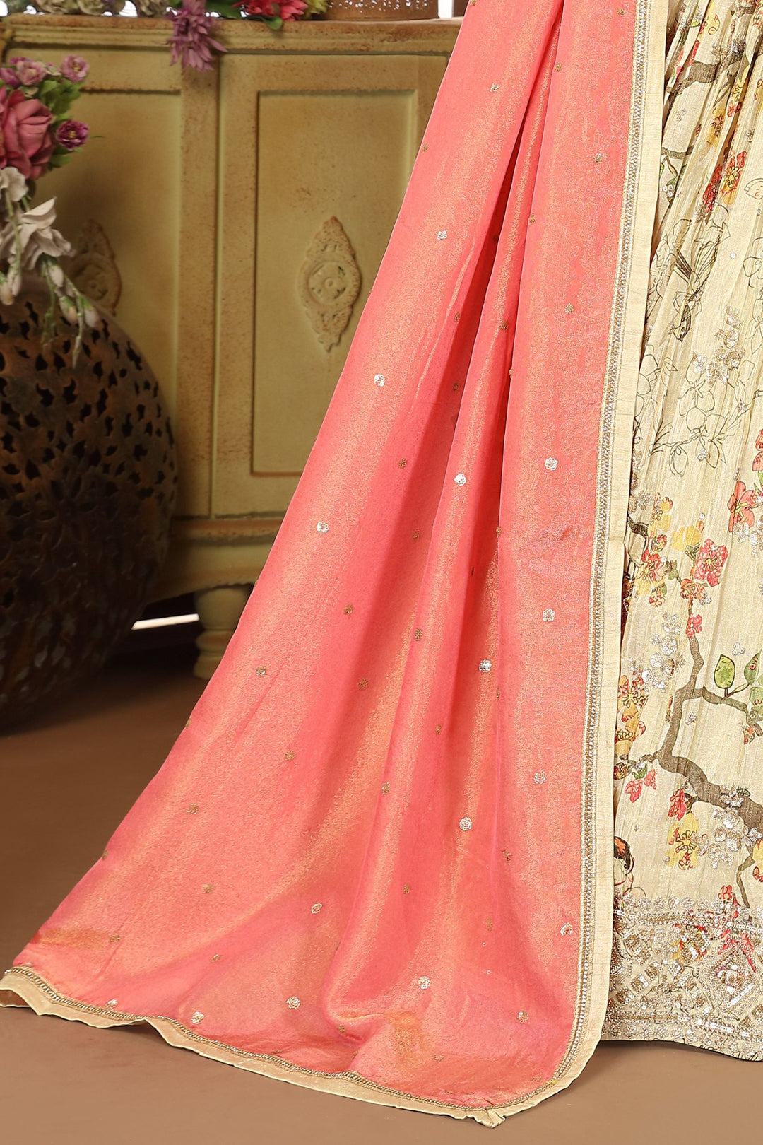 Pale Green Mirror, Sequins, Beads and Zardozi work with Floral Print Crop Top Lehenga