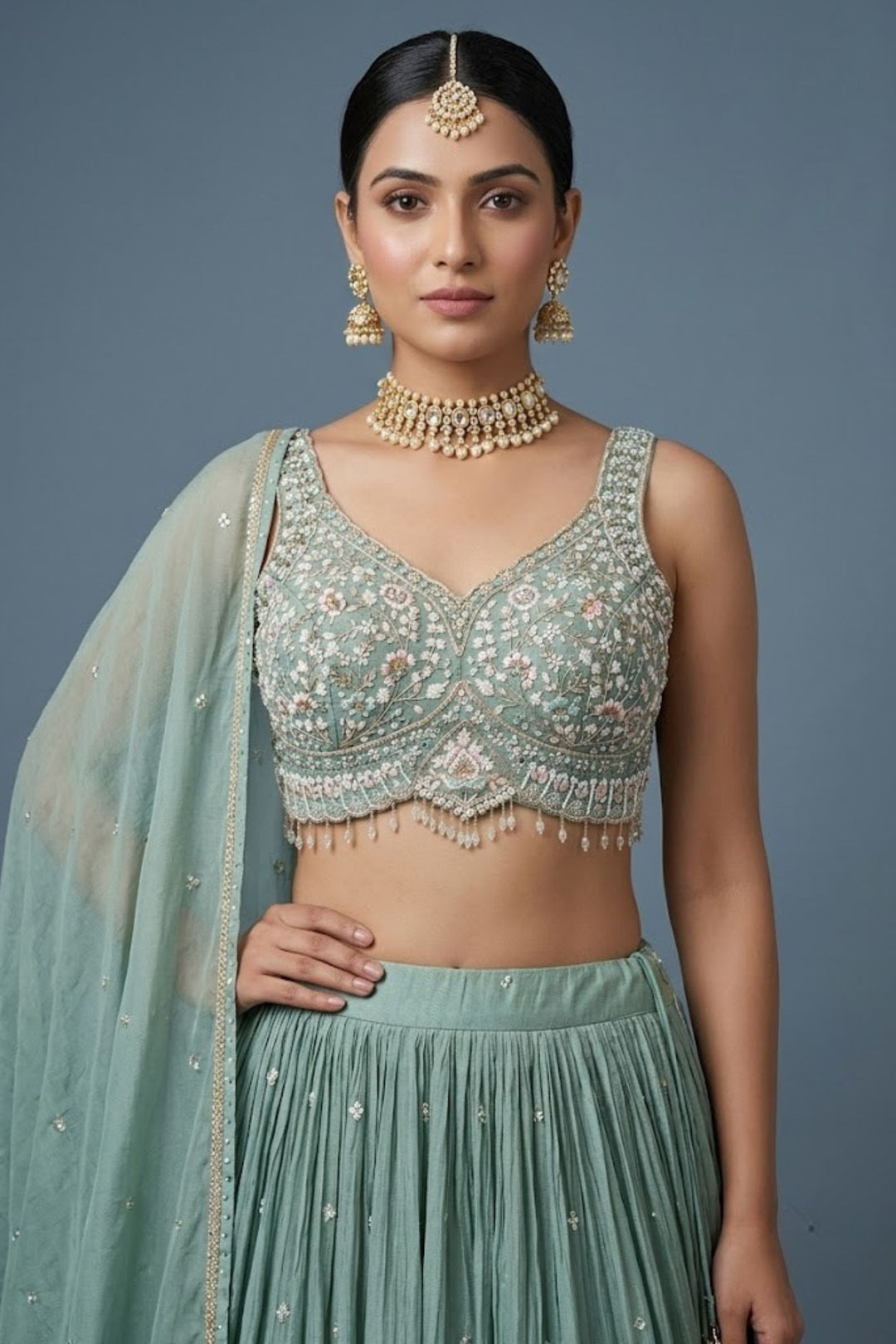 Sea Green Mirror, Stone, Zardozi, Beads and Embroidery work Lehenga