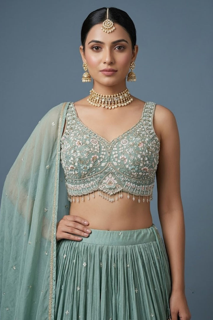 Sea Green Mirror, Stone, Zardozi, Beads and Embroidery work Lehenga