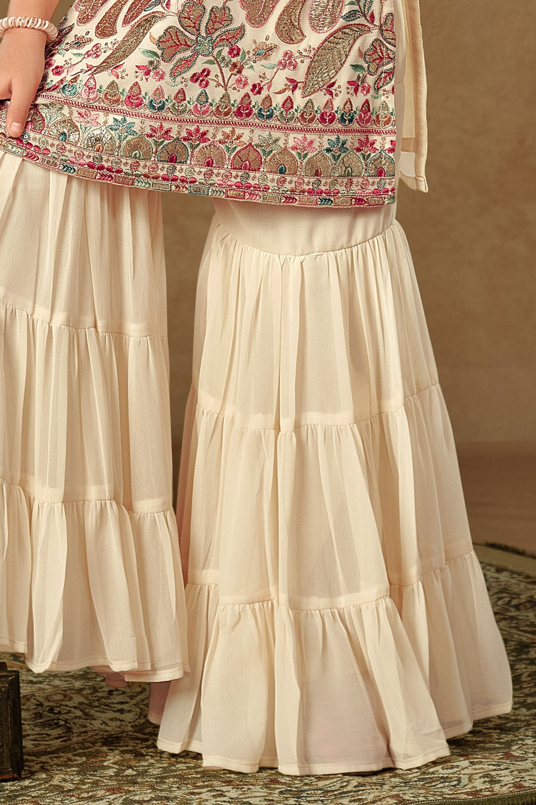 Cream Sequins, Stone, Beads and Multicolor Embroidery work Sharara Suit Set for Girls