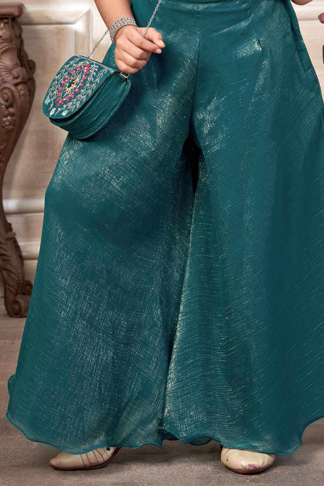 Rama Green Zari, Multicolor Embroidery and Beads work Choli and Palazzo Set for Girls
