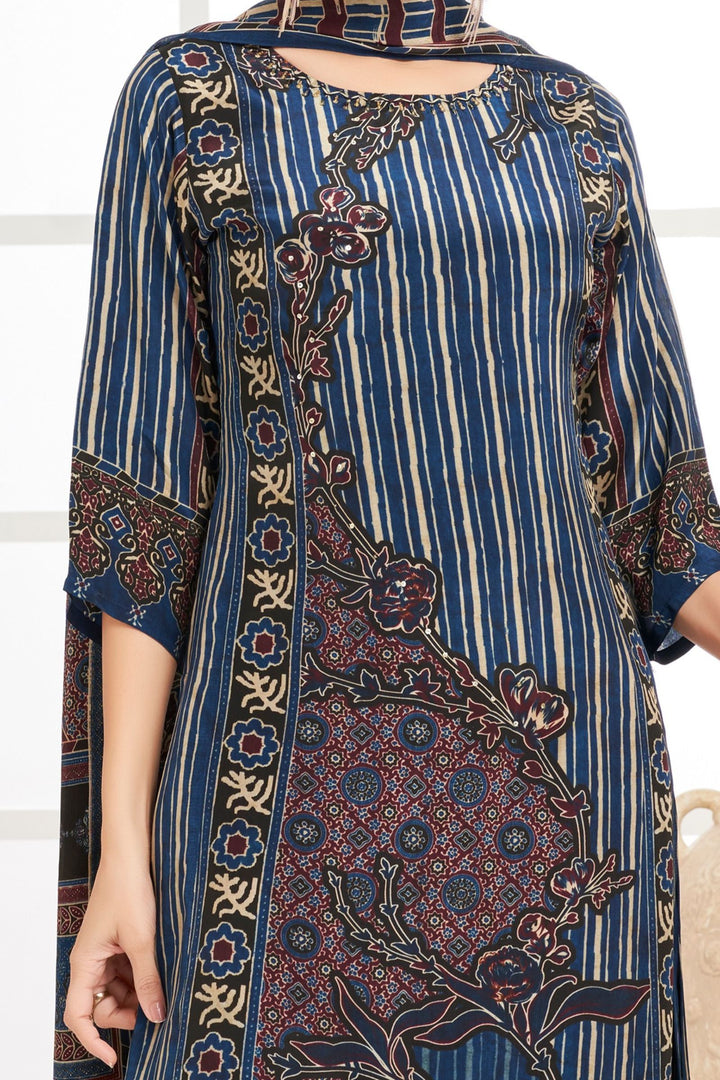 Blue with Ajrakh Print Straight Cut Salwar Suit