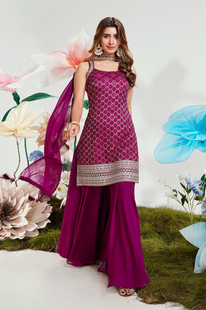 Wine Banaras, Zari and Sequins work Palazzo Salwar Suit