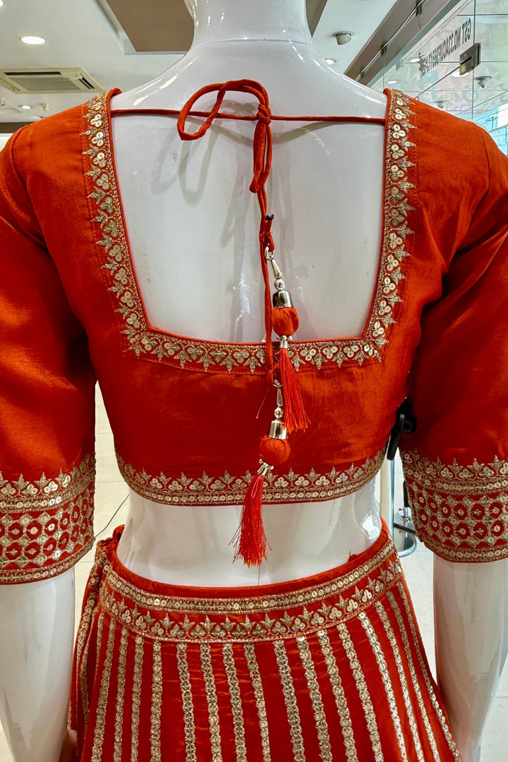 Orange Sequins and Zari work Crop Top Lehenga