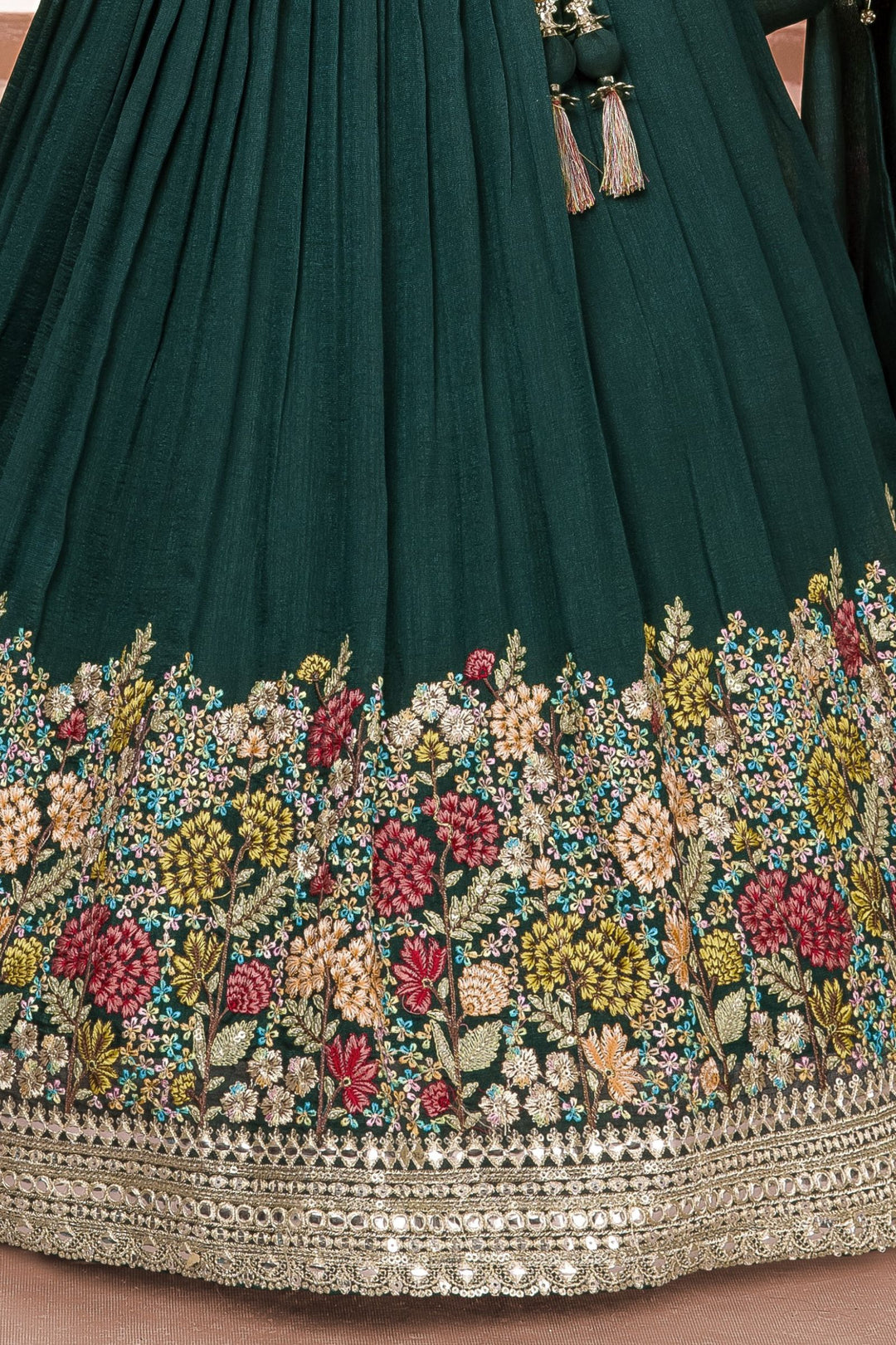 Bottle Green Multicolor Embroidery, Stone, Sequins and Beads work Lehenga Choli for Girls