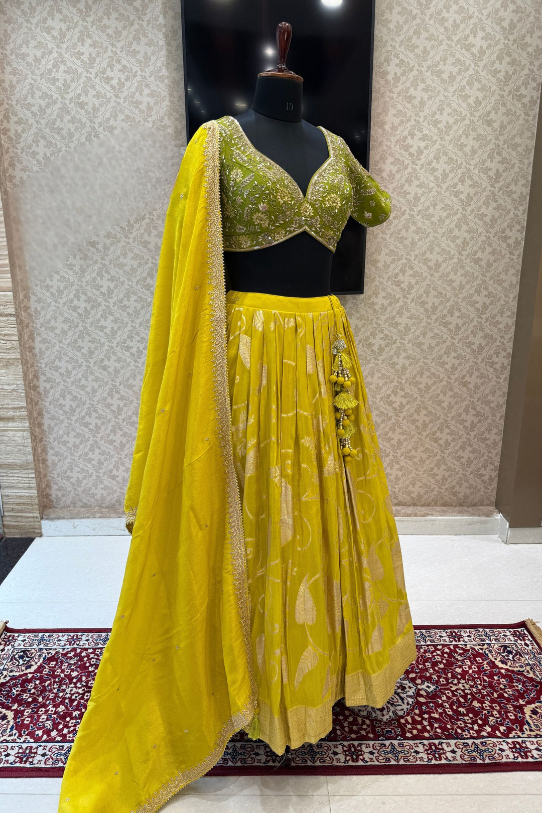Parrot Green with Liril Green Beads, Sequins, Zardozi and Banaras work Crop Top Lehenga