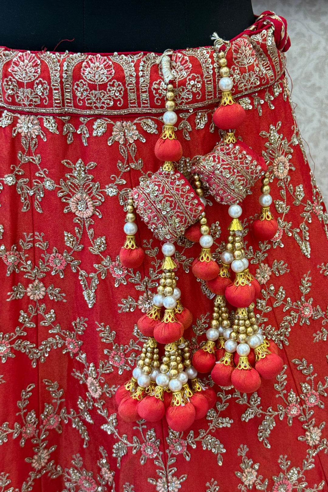 Tomato Red Beads, Zardozi, Sequins and Zari work Crop Top Designer Bridal Lehenga