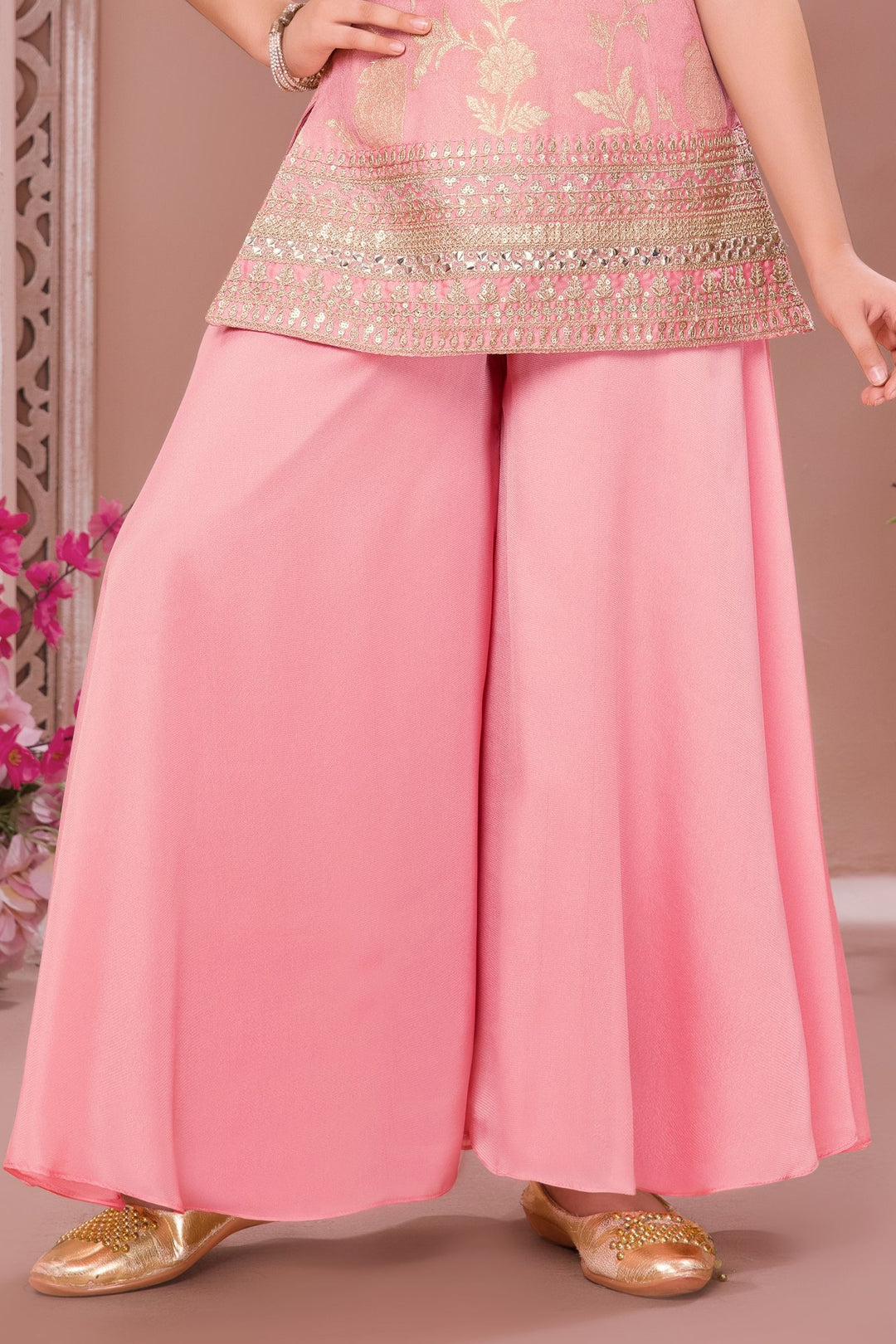 Pink Zari, Sequins, Mirror, Zardozi, Beads and Stone work Palazzo Suit Set for Girls