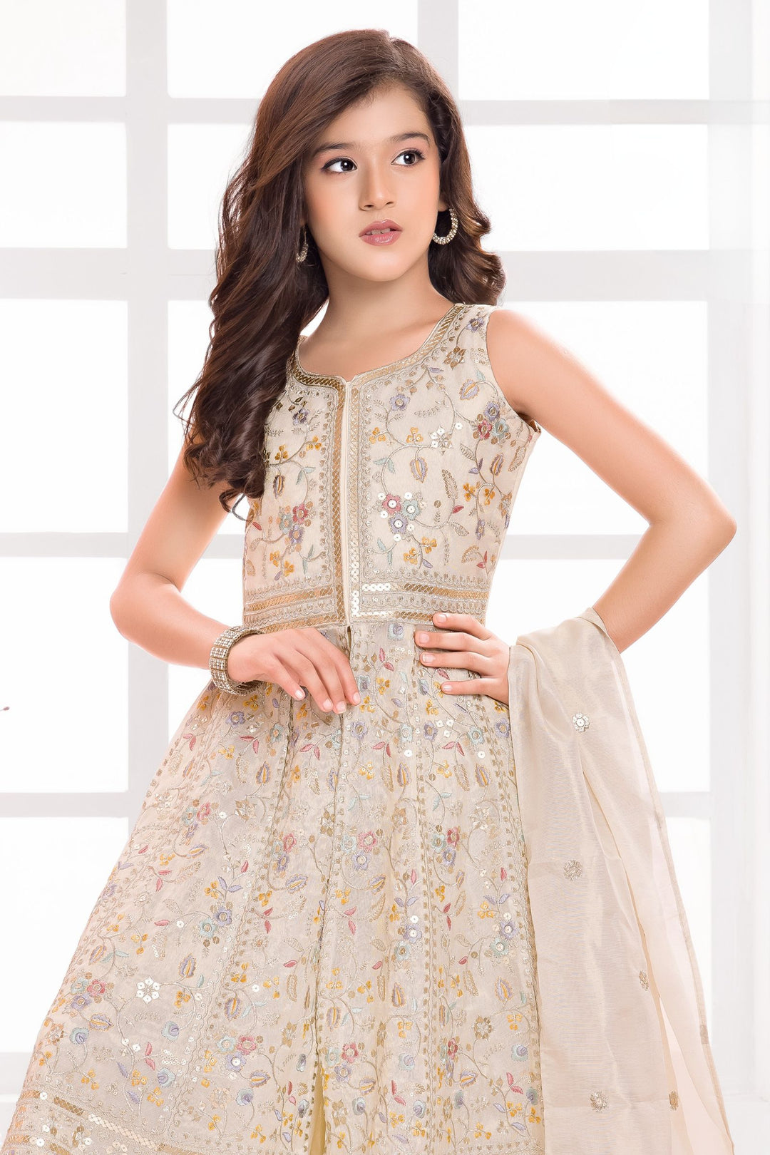 Cream Multicolor Thread, Zari and Sequins work Palazzo Suit Set for Girls