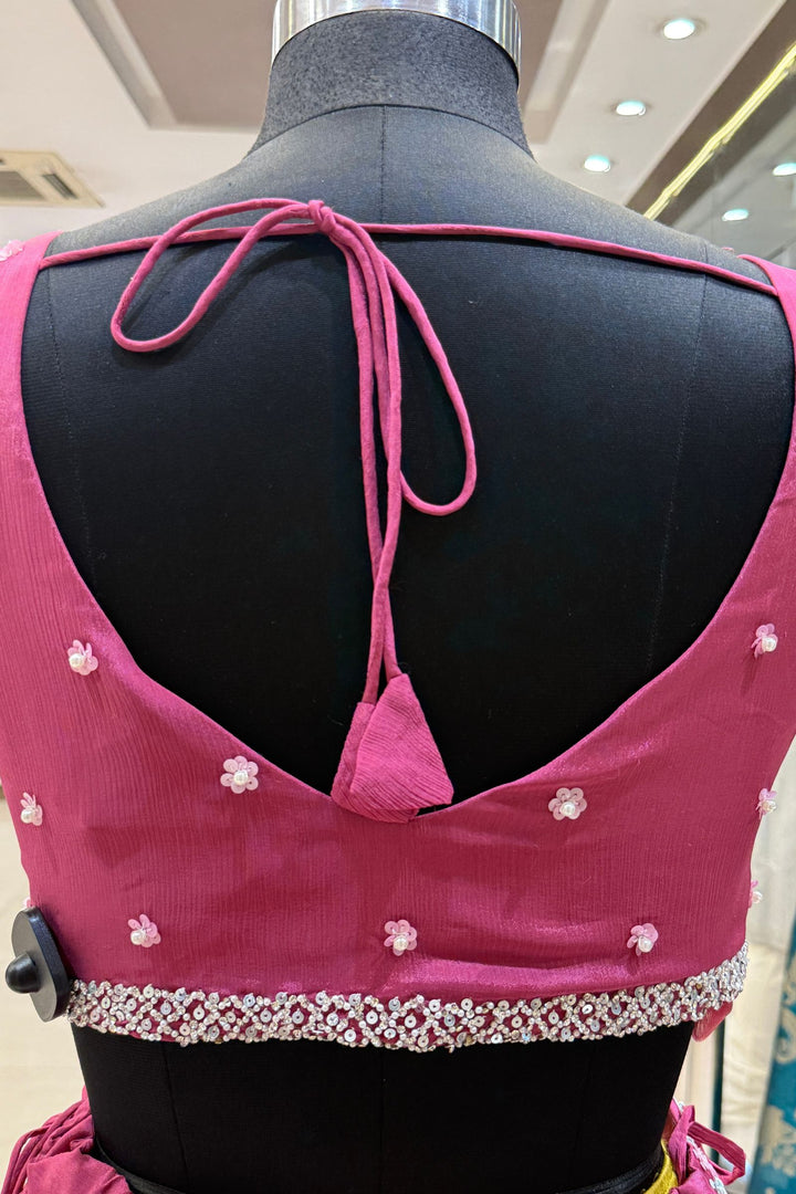 Onion Pink Sequins, Stone and Pearl work Indo-Western Styled Crop Top Lehenga  with Overcoat