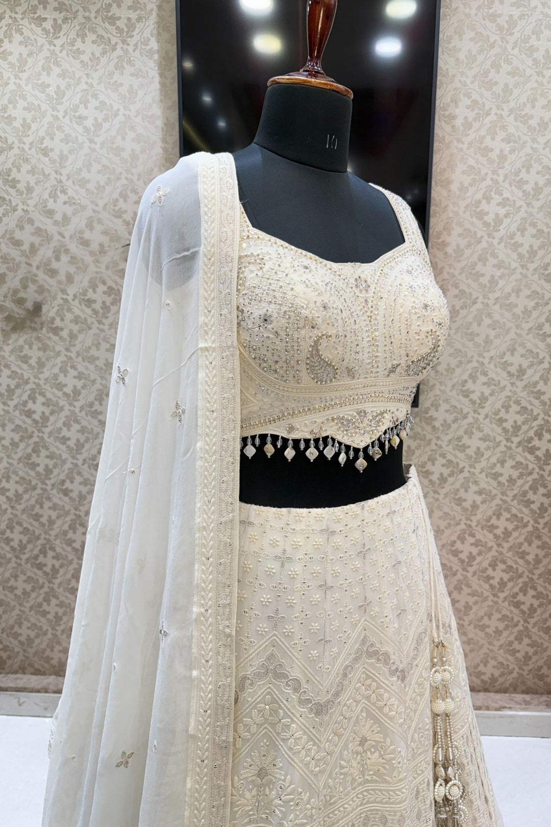 Cream Stone, Pearls, Zari, Sequins, Mirror, Beads and Embroidery work Crop Top Lehenga
