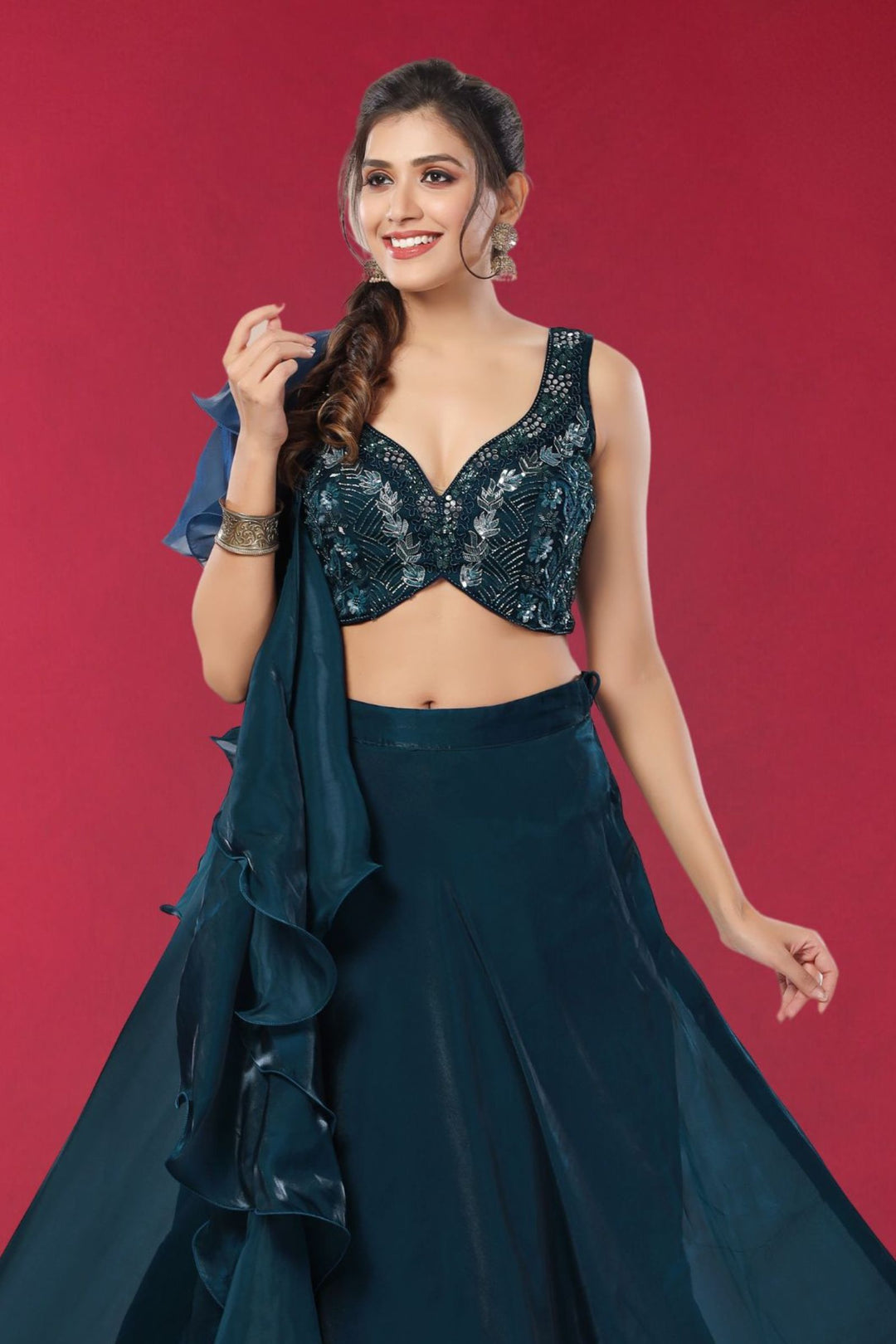 Peacock Blue Sequins, Mirror, Beads and Pearl work Crop Top Lehenga