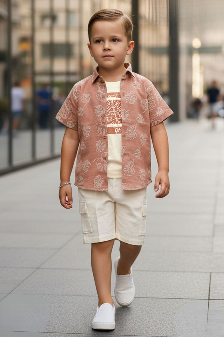 Cream with Dusty Rose Blazer, Printed T-Shirt and Shorts Set for Boys