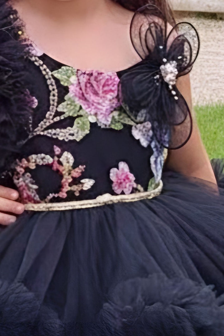Black Sequins and Zari work Tail Cut Double Layered Partywear Frock for Girls