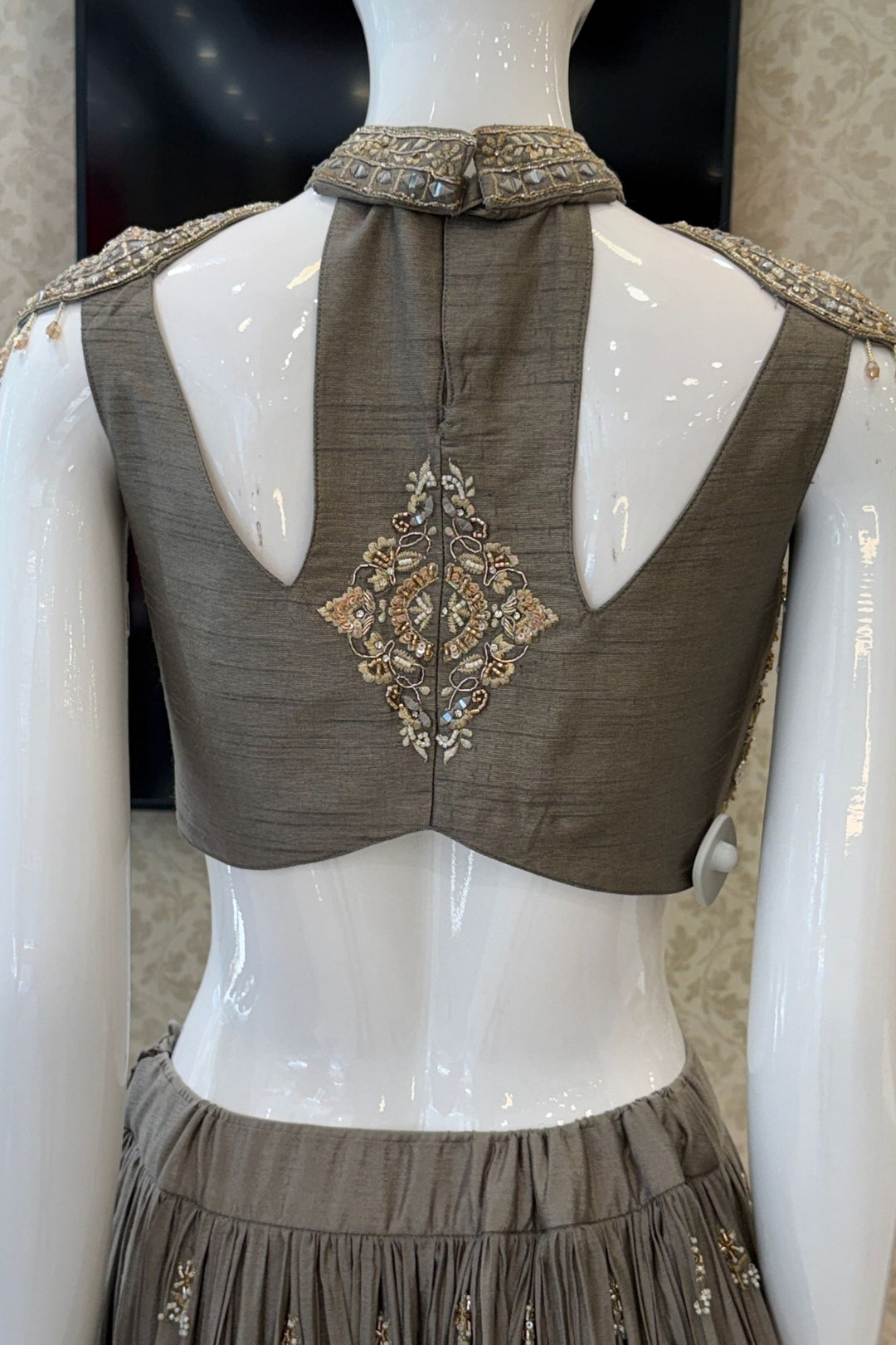 Designer Grey Lehenga with Intricate Beads, Zardozi, Mirror, Kundan and Sequins work