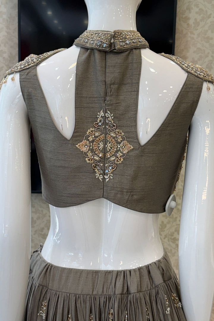 Designer Grey Lehenga with Intricate Beads, Zardozi, Mirror, Kundan and Sequins work