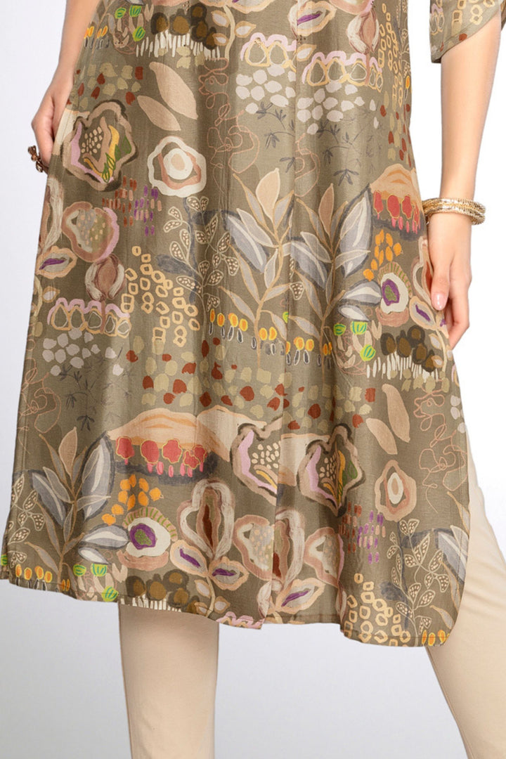 Pastel Green with Multicolor Digital Print and Stone work Calf Length Kurti