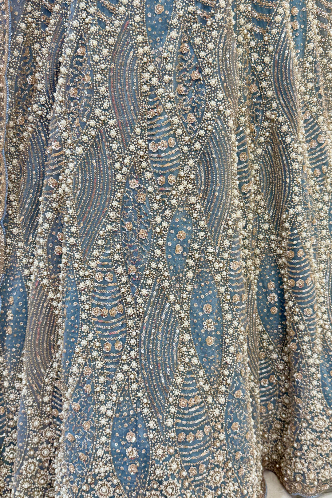 Sea Blue Bridal Lehenga with Intricate Beads, Pearl and Sequins Work
