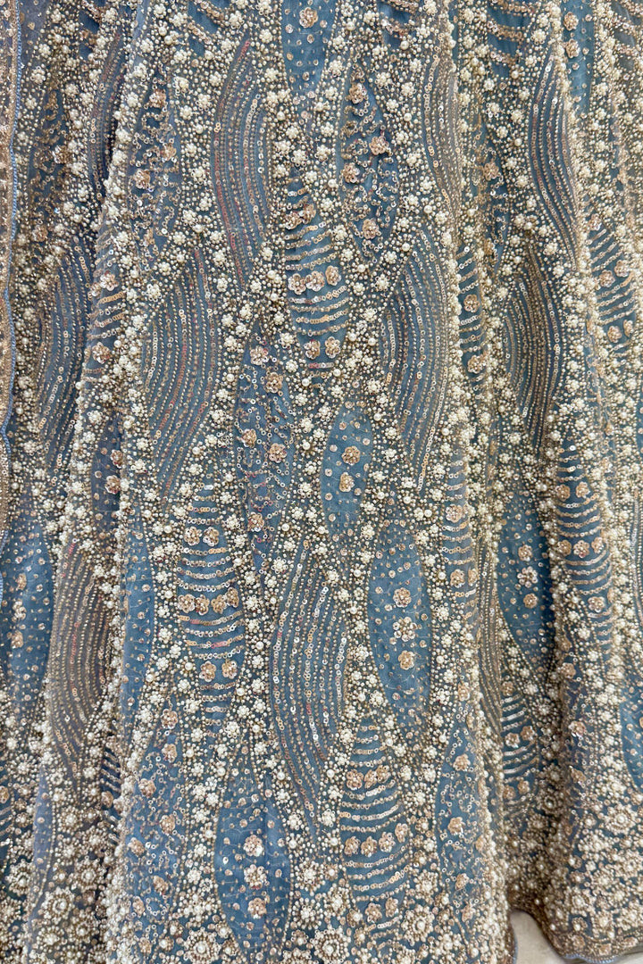 Sea Blue Bridal Lehenga with Intricate Beads, Pearl and Sequins Work