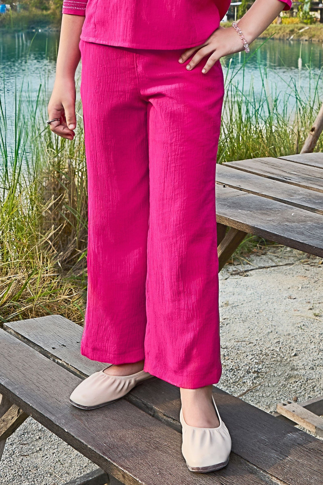 Pink Zari and Thread work Co-ord Set for Girls