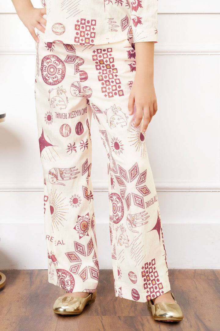 Cream with Pink Digital Print Co-ord Set for Girls