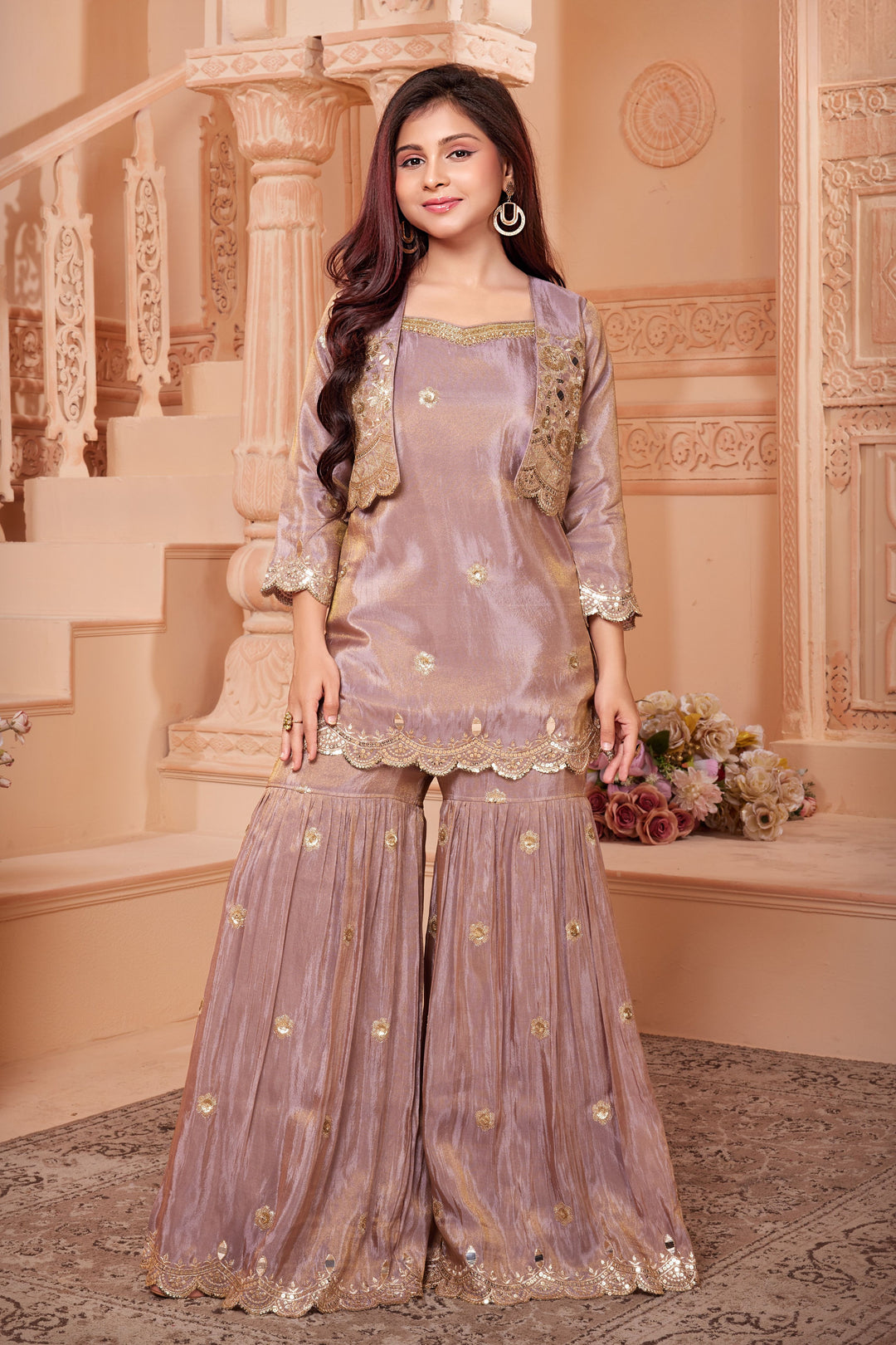 Sharara Dress For Girls With Jacket Lilac Zari And Sequins Work Jacket Styed Sharara Suit Set Sharara Dress For Girls With Jacket Lilac Zari And Sequins Work Jacket Styed Sharara Suit Set