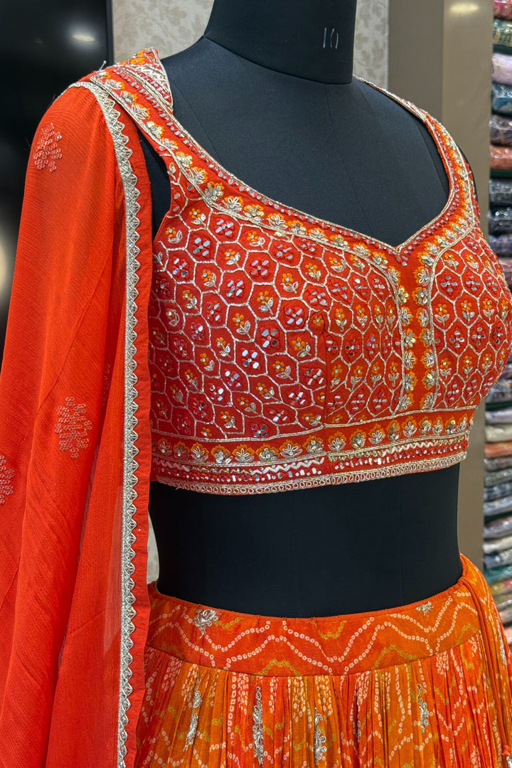 Orange Mirror, Stone, Zardozi and Sequins work with Bandini Print Crop Top Lehenga