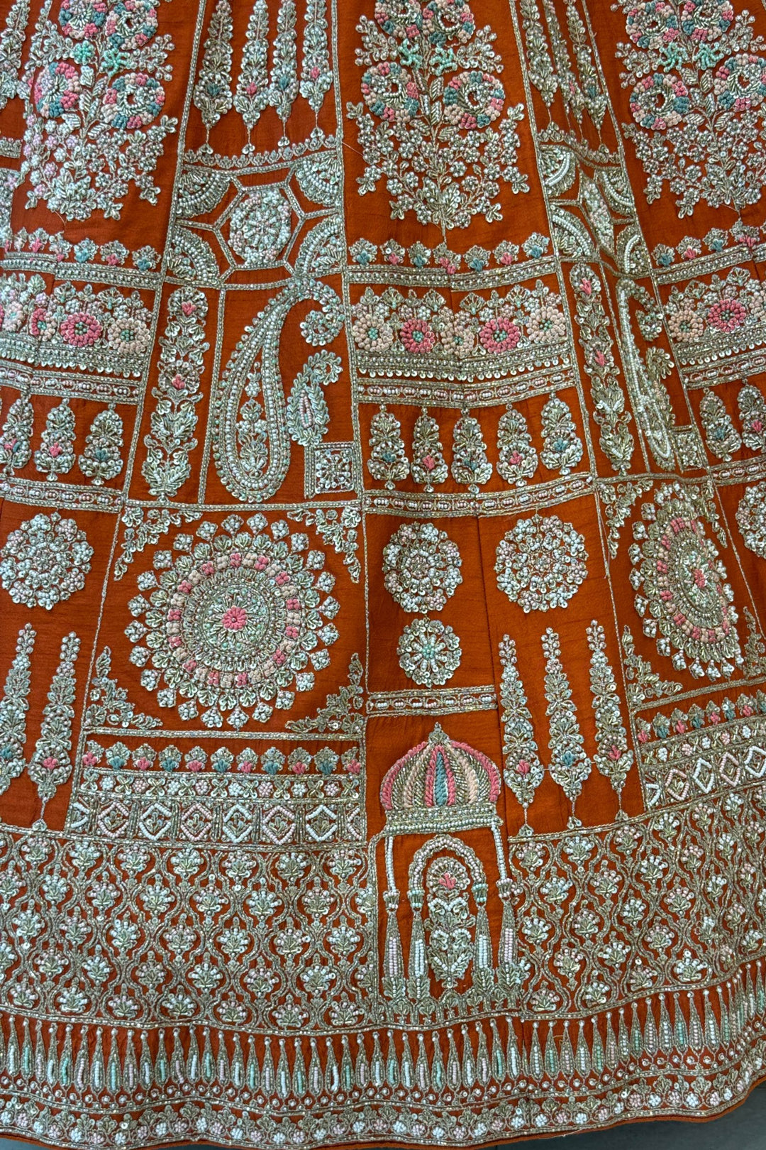 Rust Handworked Zardozi, Sequins, Pearl and Beads work Crop Top Designer Bridal Lehenga