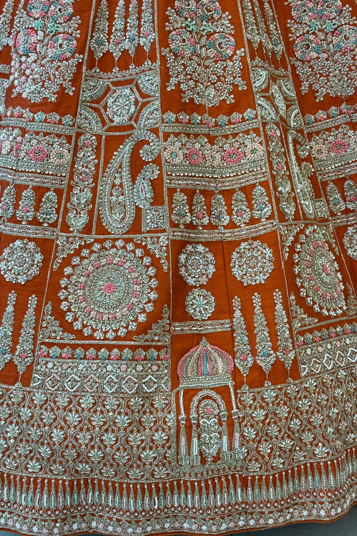 Rust Handworked Zardozi, Sequins, Pearl and Beads work Crop Top Designer Bridal Lehenga