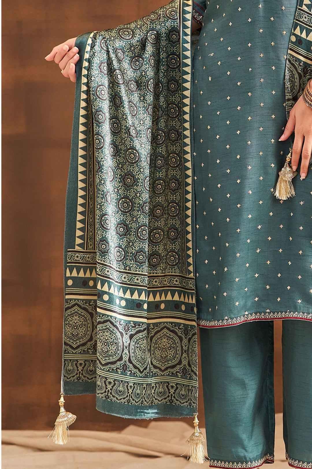 Pastel Blue Sequins and Thread work Straight Cut Salwar Suit with Kalamkari Print Dupatta