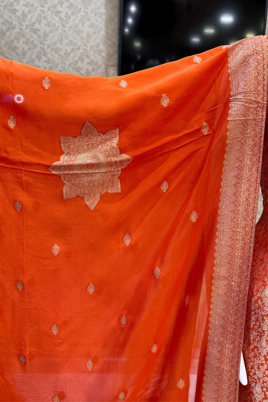 Orange Zardozi, Stone, Thread and Brocade work Straight Cut Salwar Suit