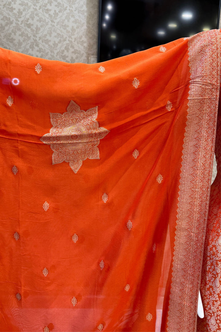 Orange Zardozi, Stone, Thread and Brocade work Straight Cut Salwar Suit