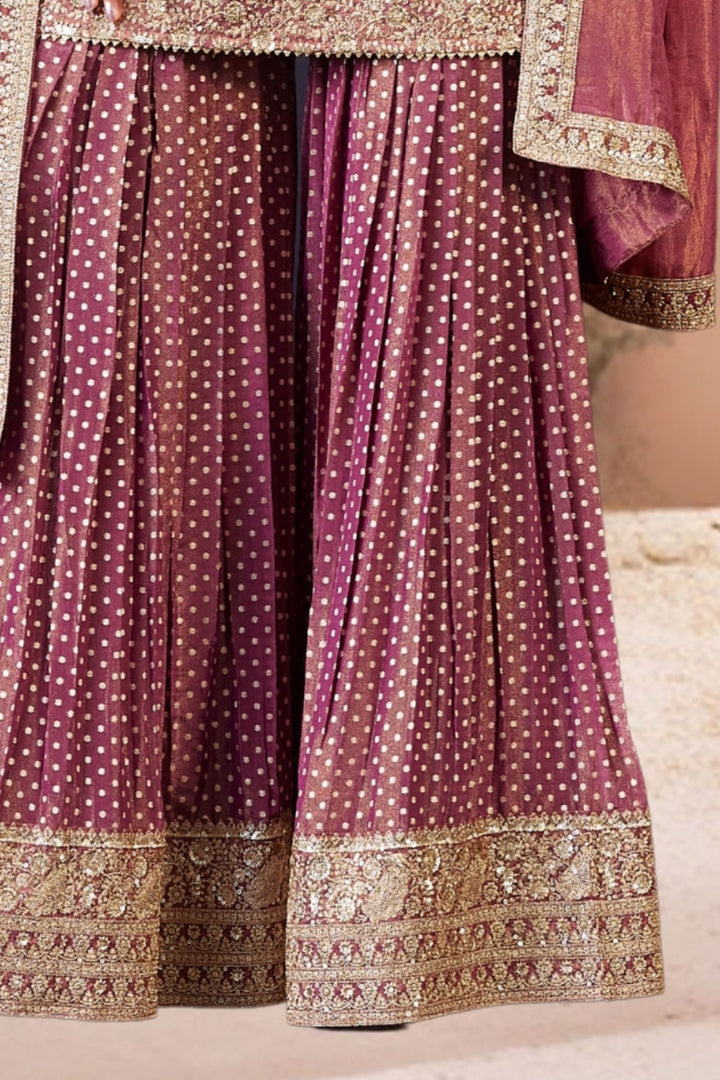 Onion Pink Sequins, Zari and Banaras work Sharara Salwar Suit