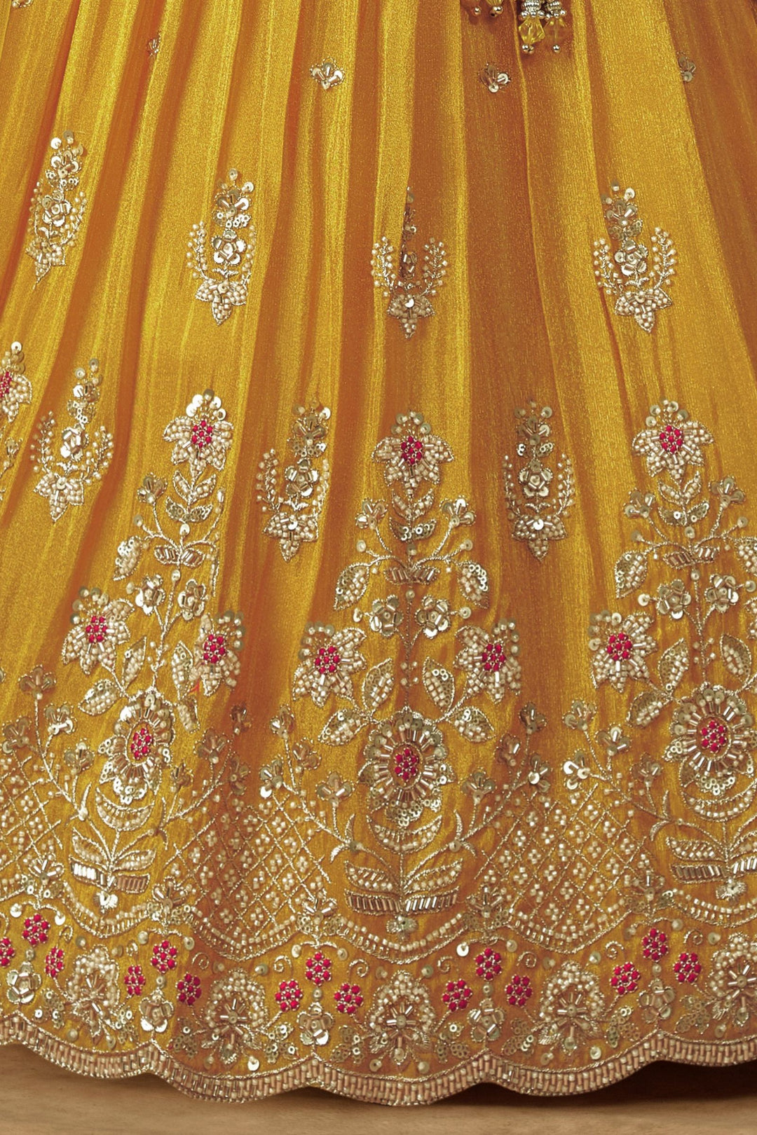 Yellow Beads, Zari, Sequins, Stone and Thread work Lehenga Choli for Girls