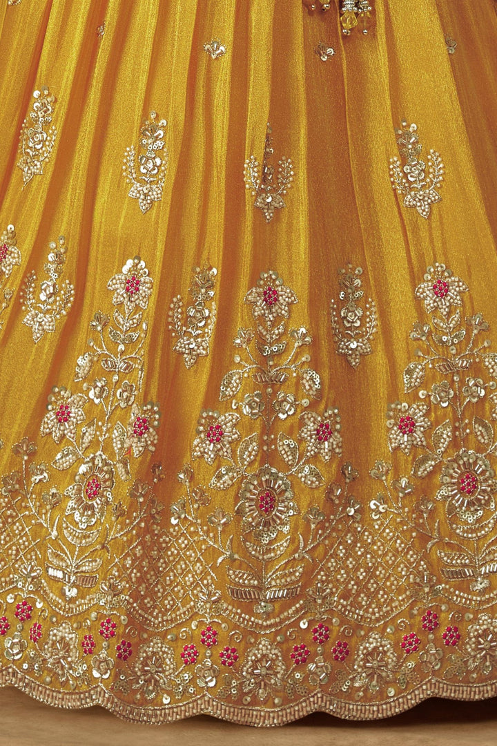 Yellow Beads, Zari, Sequins, Stone and Thread work Lehenga Choli for Girls