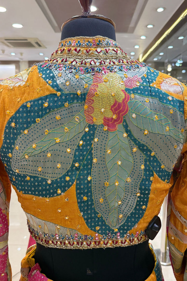 Yellow Zardozi, Beads, Sequins, Zari, Mirror and Floral work Crop Top Lehenga