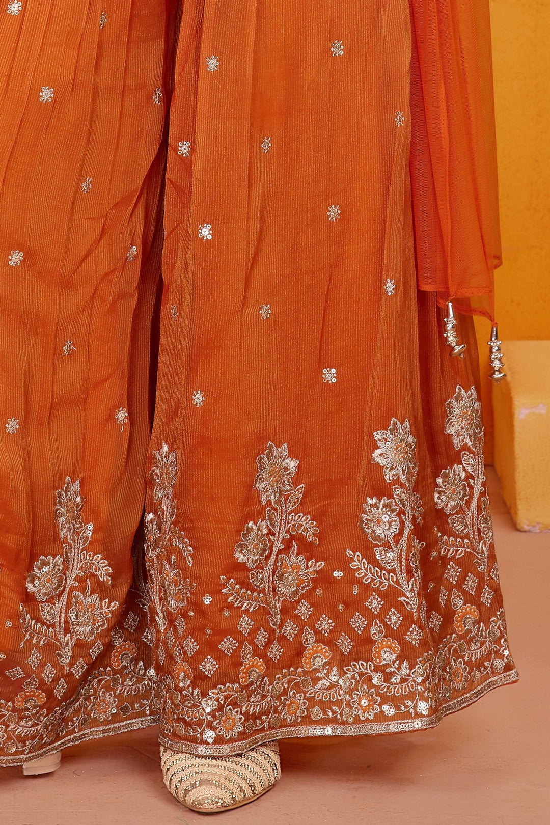 Orange Zari Weaving, Sequins, Mirror and Stone work Palazzo Suit Set for Girls