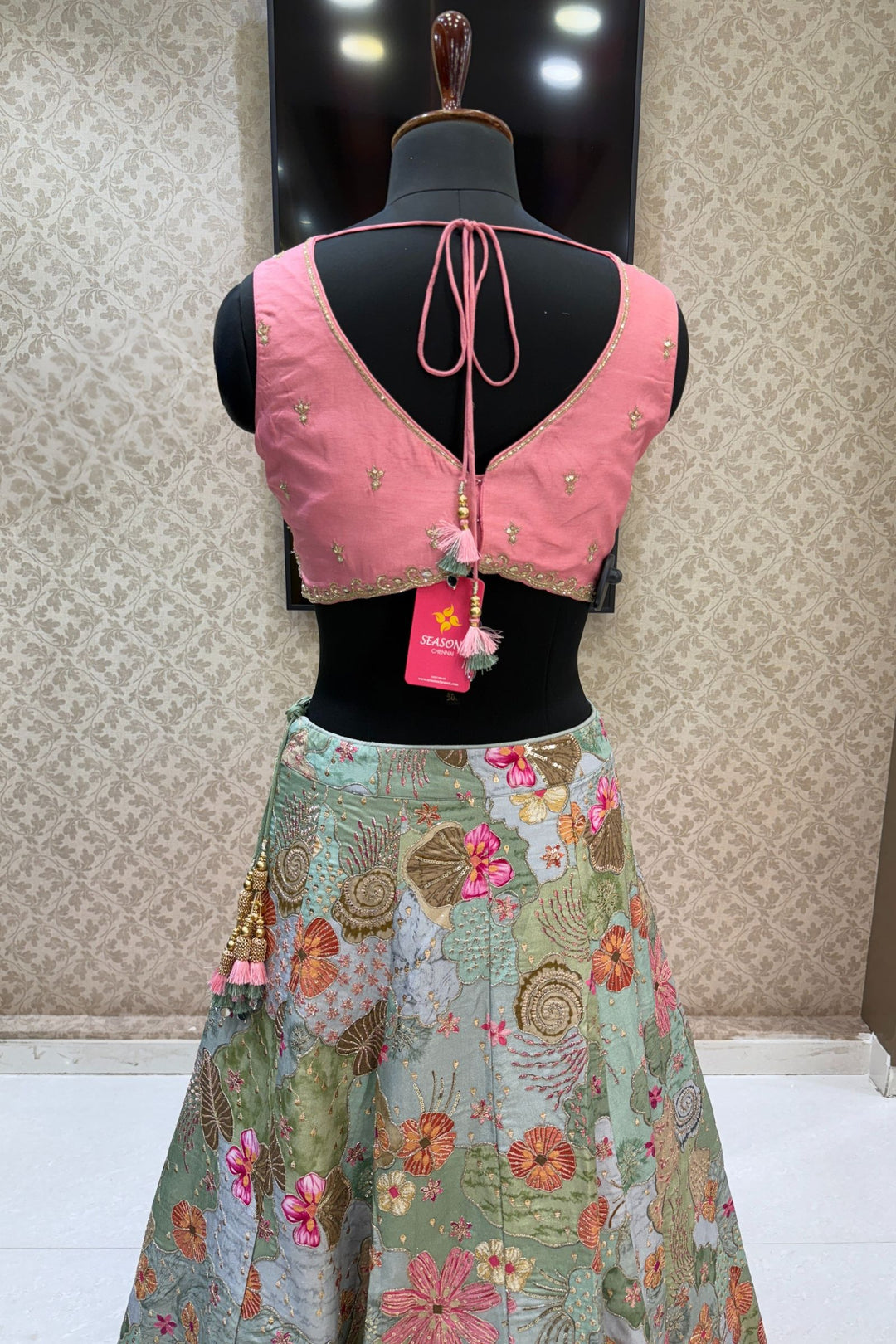 Pink with Light Green Floral Print, Beads, Zari and Sequins work Crop Top Lehenga