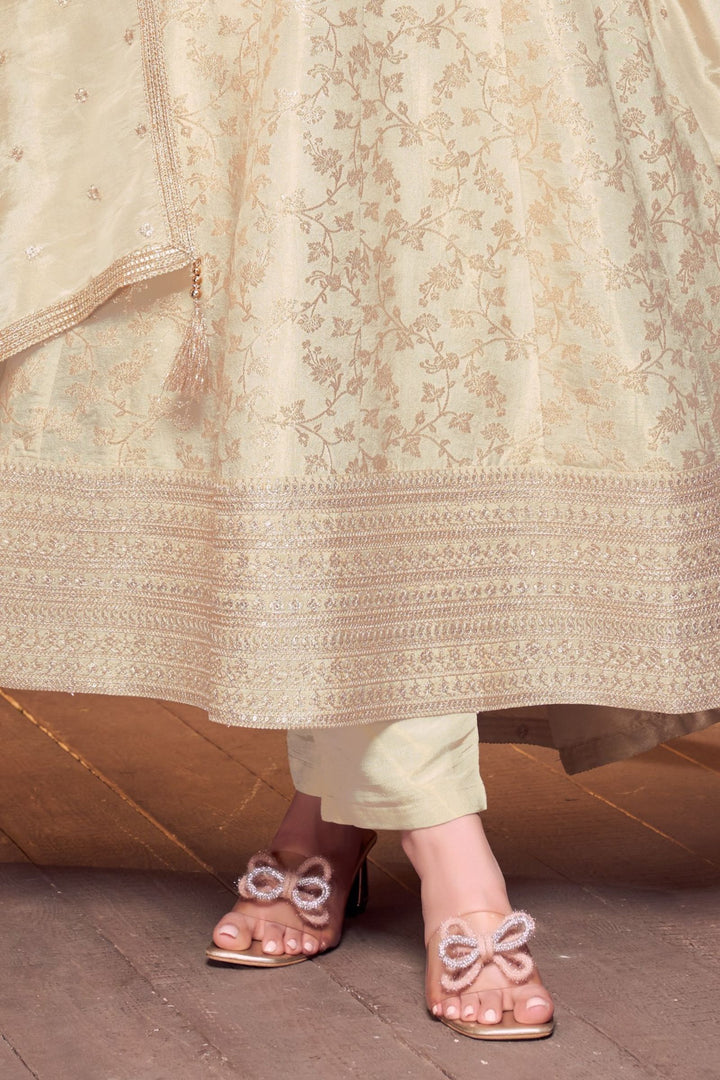Cream Zari, Stone and Sequins work Anarkali Style Salwar