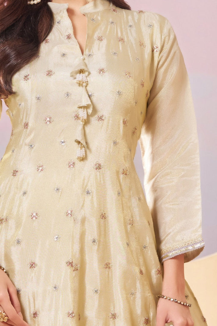 Cream Sequins, Zari, Beads and Multicolor Thread work Anarkali Style Salwar