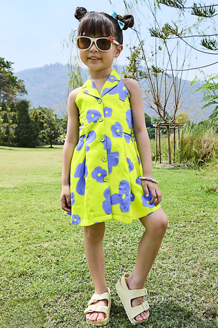 Neon Green Printed Short Frock For Girls
