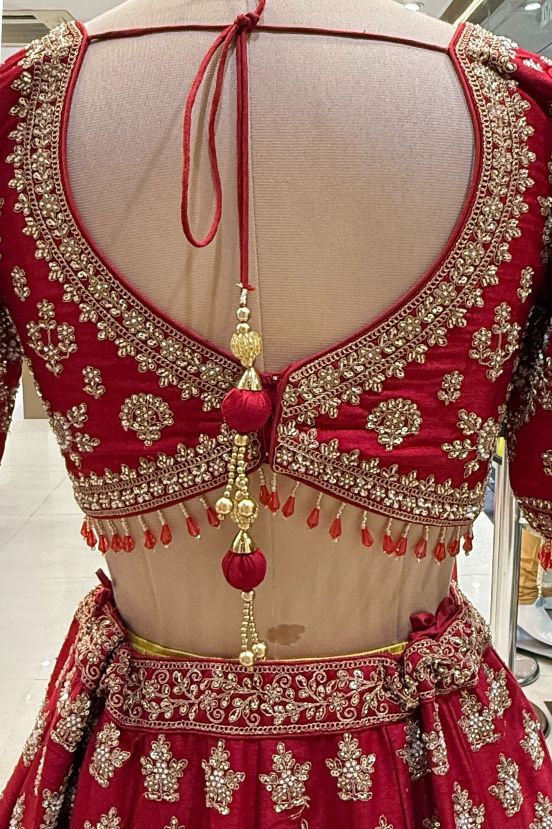 Maroon Beads, Zari, Zardozi and Sequins work Crop Top Designer Bridal Lehenga with Belt