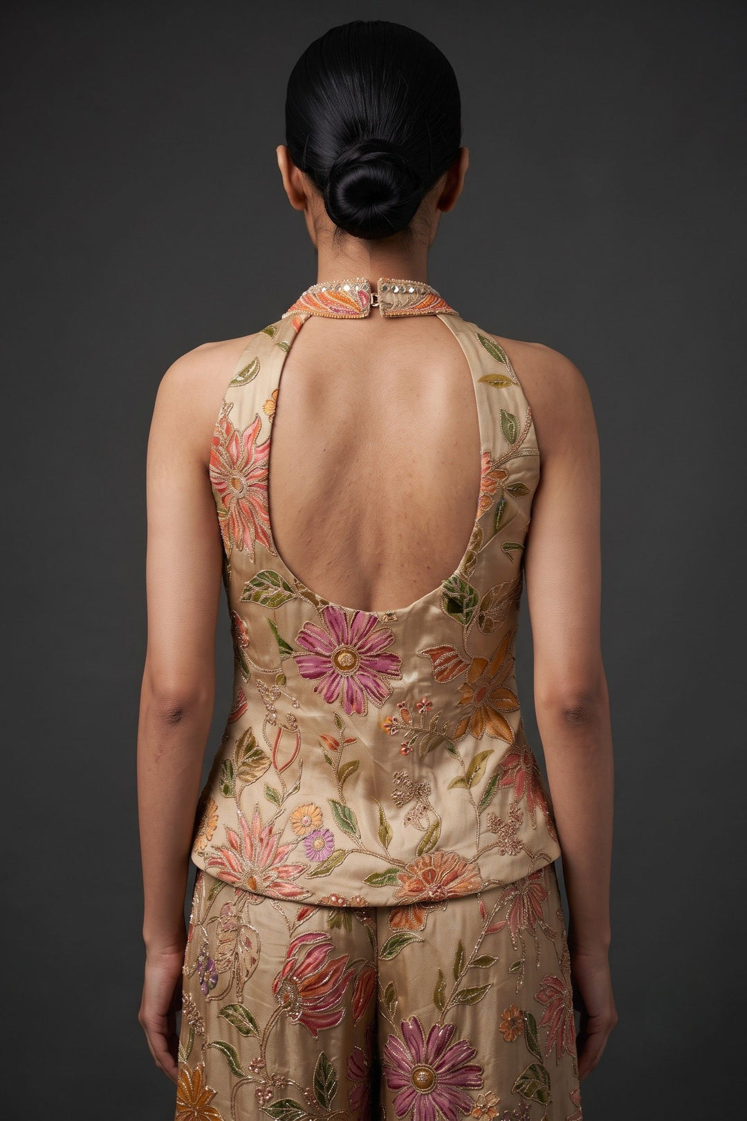 Beige Halter Neck Palazzo Set with Zardozi, Zari, Beads, Sequins, Stone and Mirror Detailing (Copy)