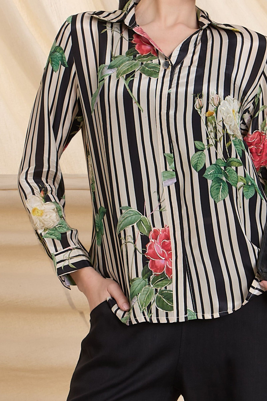 Cream with Black Floral Print Short Kurti