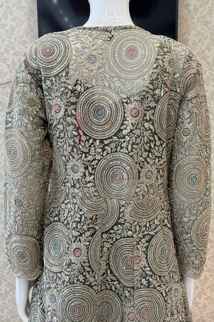 Olive Green Drape Style Lehenga with Sequins, Stone and Zari work Long Overcoat