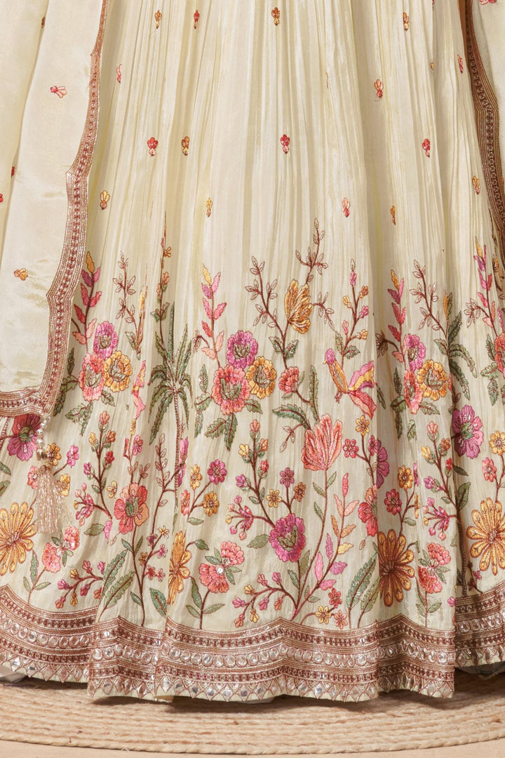 Cream Multicolor Embroidery, Sequins, Zari and Zardozi work Peplum Style Lehenga